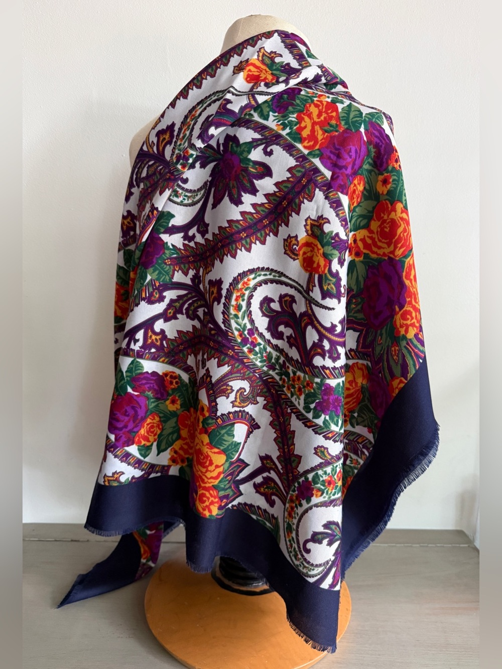 Vintage CHALLIS by Berkshire Floral Paisley Scarf Wrap Navy Multi 45" Square 90s